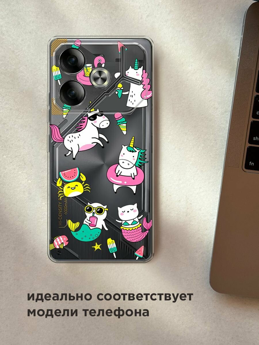 Чехол на Tecno Pova 6 / Текно Пова 6 с принтом "Единороги в отпуске", прозрачный — фото 1