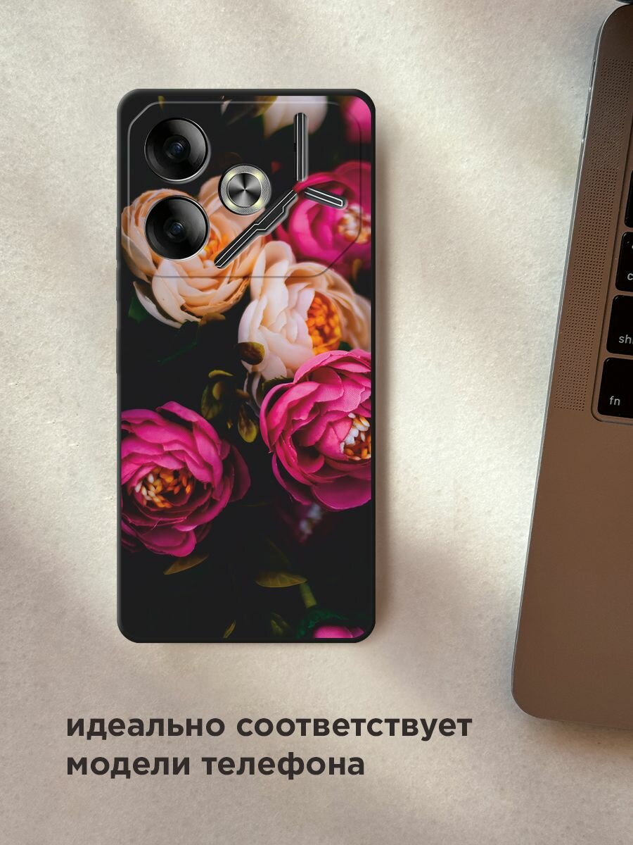 Черный матовый чехол на Tecno Pova 6 / Текно Пова 6 с принтом "Розовые пионы на черном" — фото 1