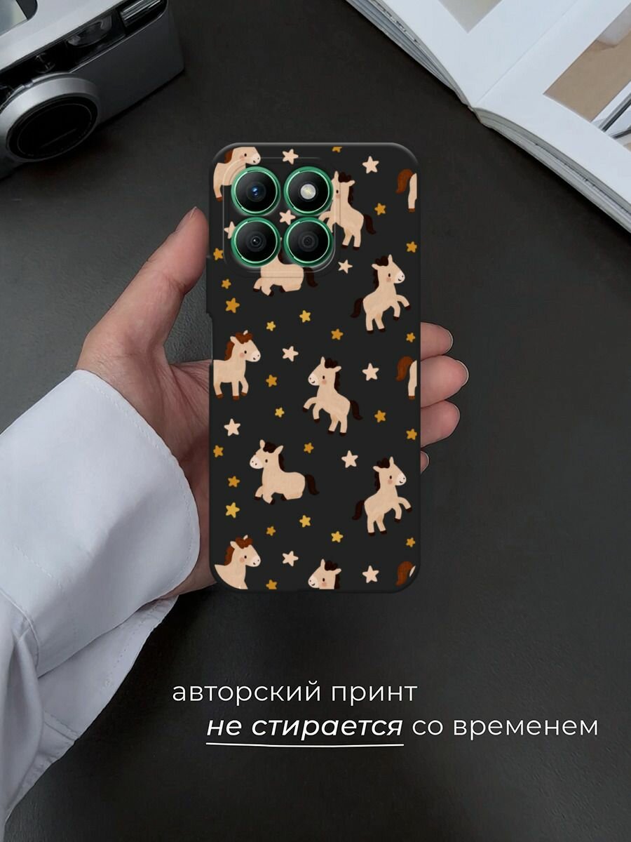 Черный матовый чехол на Honor X8B / Хонор X8B с принтом "Лошадки и звездочки паттерн 2" — фото 1