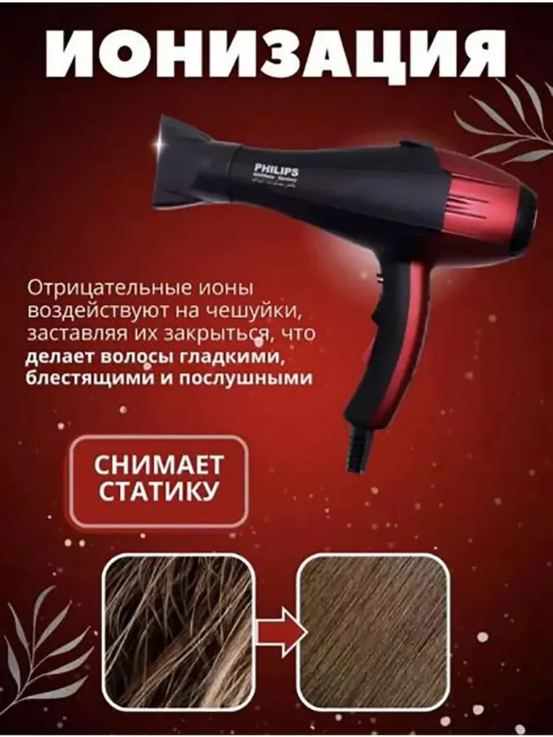 Фен для волос "PH-8080", профессиональный, для сушки и укладки — фото 1