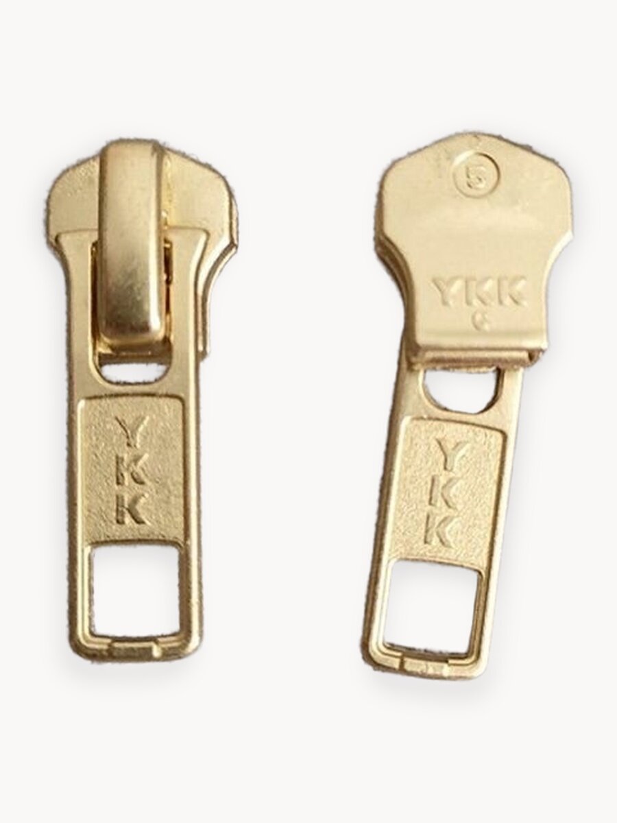 Бегунки YKK для металлической и пластиковой молнии "трактор". 2 штуки. Тип 5. Золото. Квадратная головка. Для ремонта кожаных и джинсовых курток, плащей. Одежды, рюкзаков сумок и обуви. Маркировка 5g