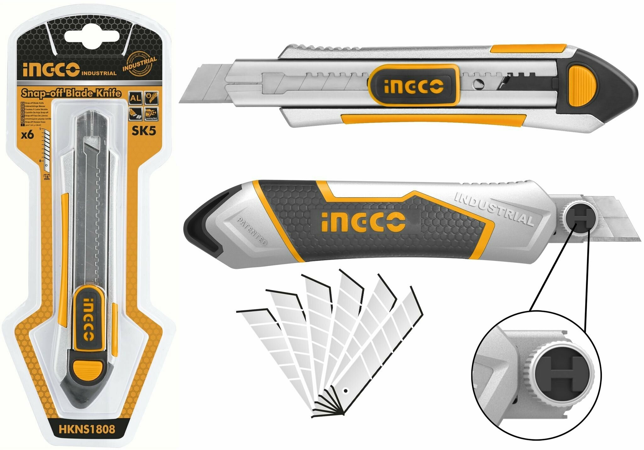 Нож канцелярский 18мм INGCO HKNS1808 + 6 лезвий в комплекте