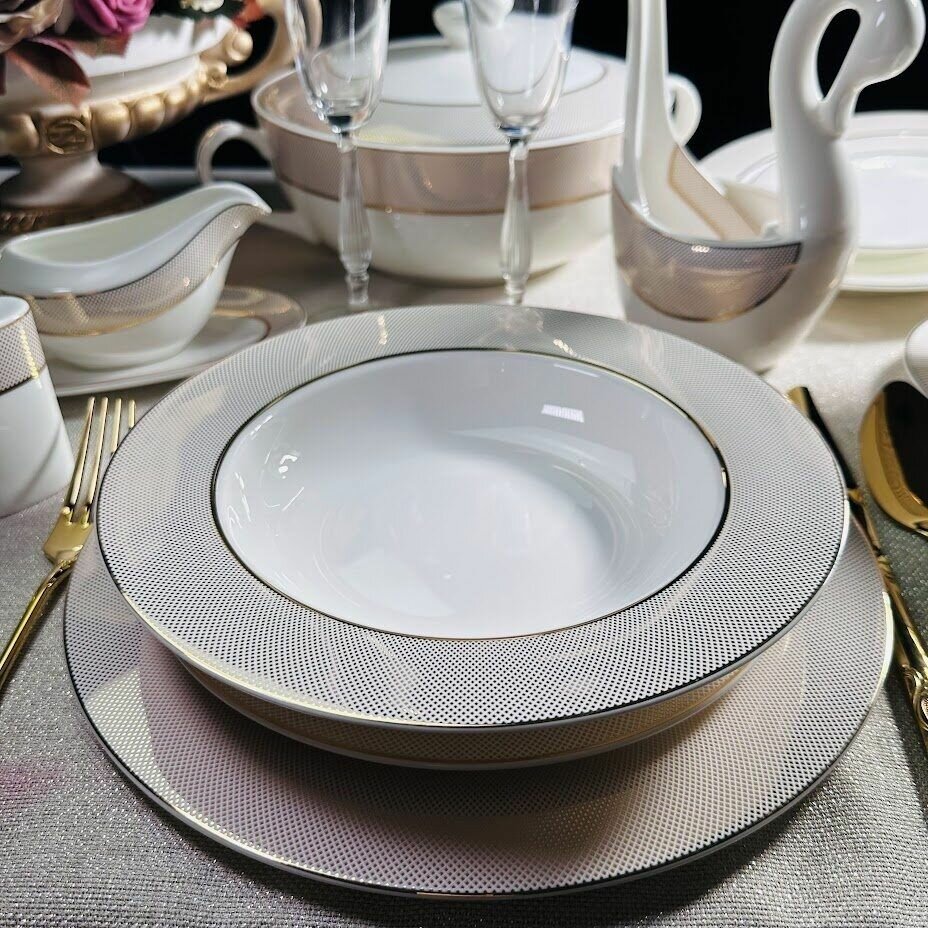 Набор из 6 глубоких суповых тарелок 23см набор посуды Золотая Симфония из костяного фарфора Lenardi набор посуды