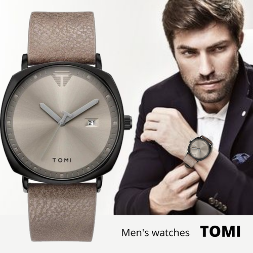 Наручные часы Tomi мужские кварцевые кожаный ремешок, серый