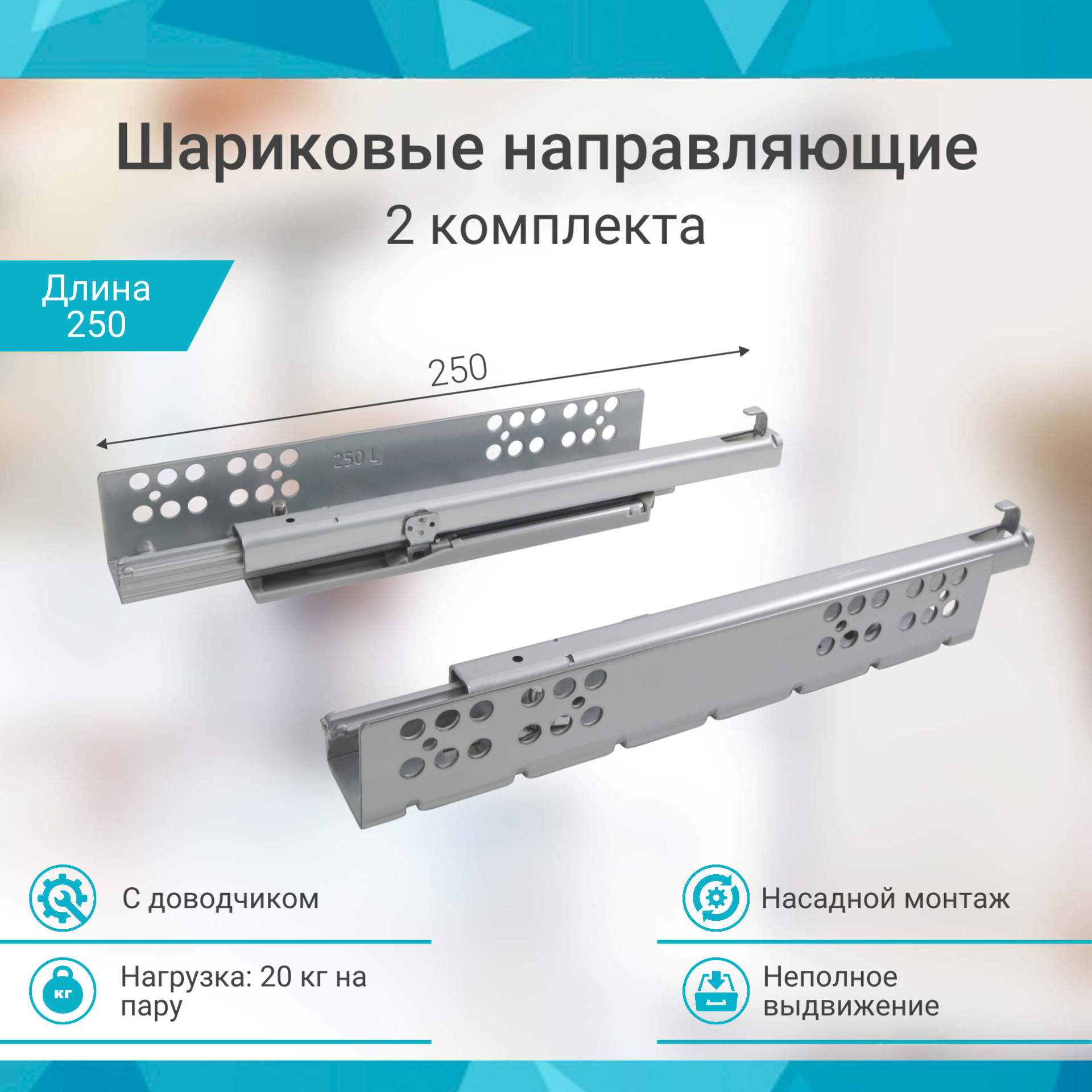 Направляющие шариковые 250 мм с доводчиком 2 комплекта - фотография № 1