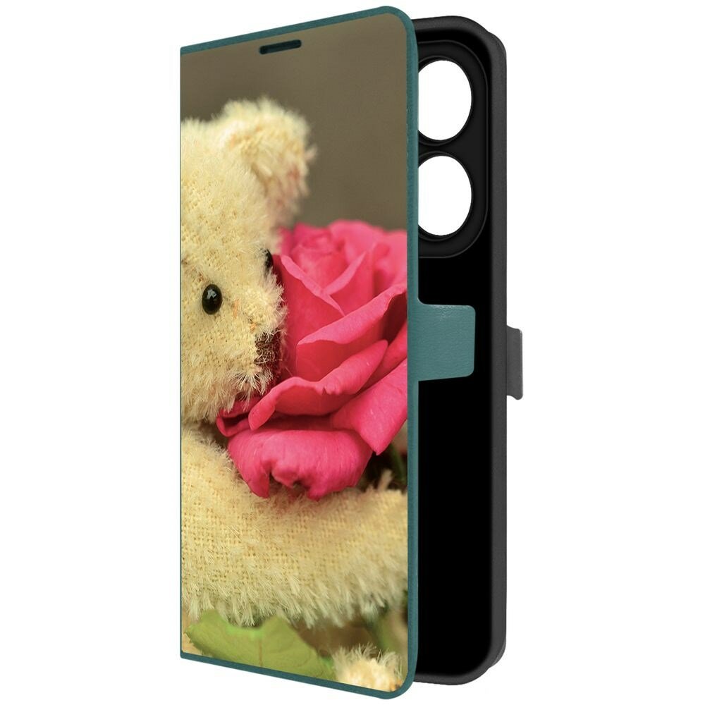 Чехол-книжка Krutoff Eco Book для INFINIX Smart 8 Медвежонок с розой (зелёный опал)