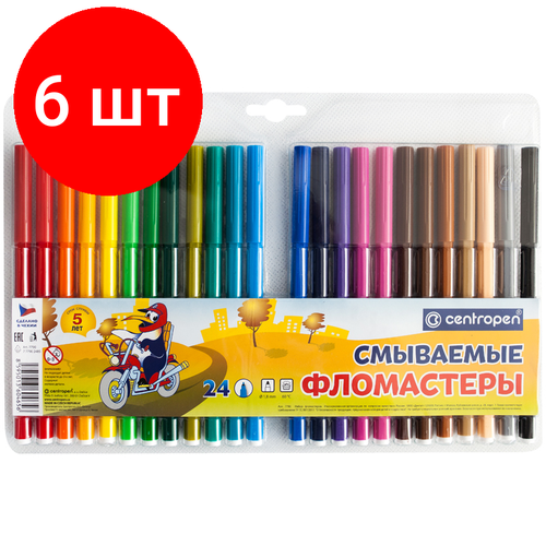 Комплект 6 шт, Фломастеры Centropen Washable, 24цв, смываемые, блистер