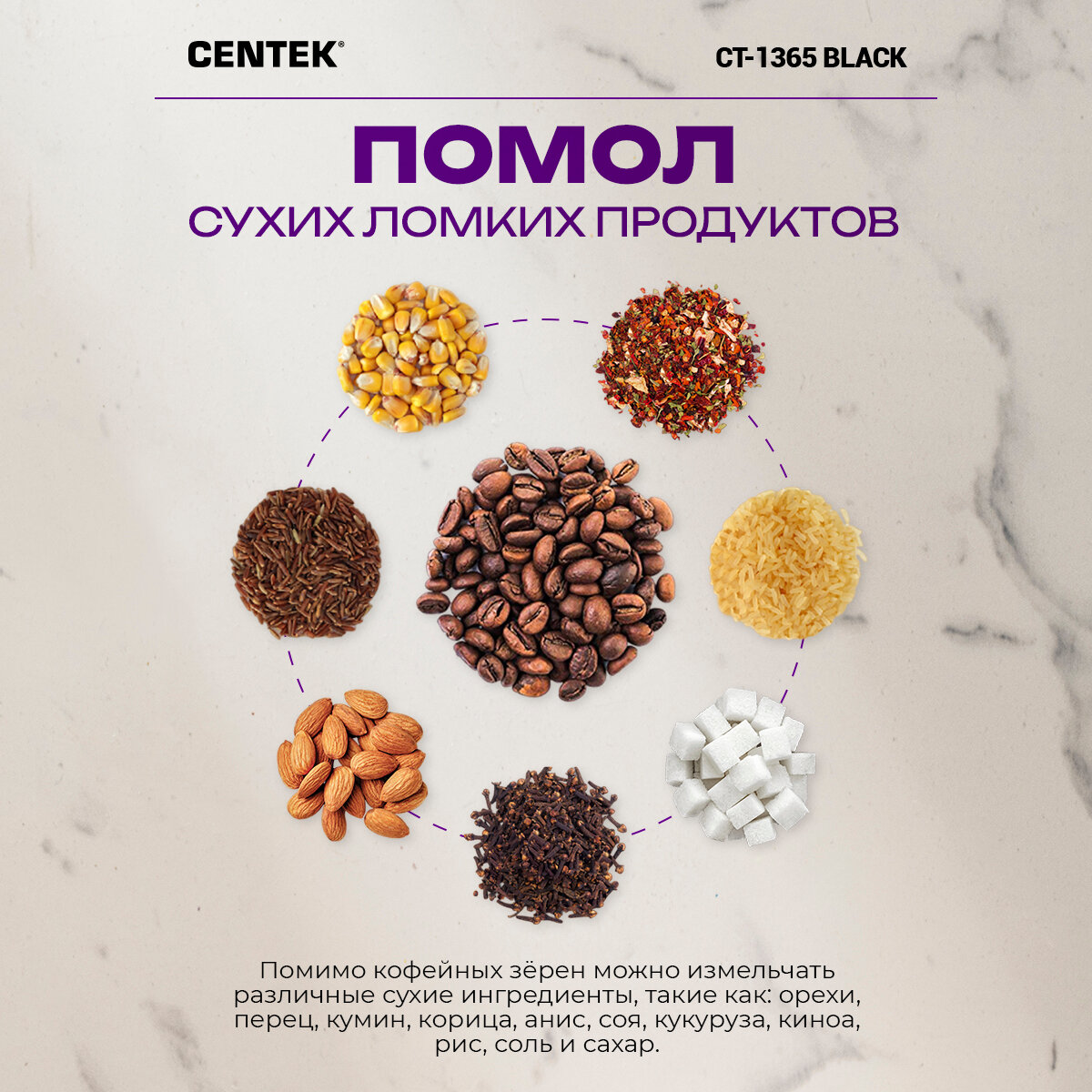 Кофемолка электрическая CENTEK CT-1365 Black, 250 Вт, 165 мл, безопасная блокировка, стальная чаша, прозрачная крышка