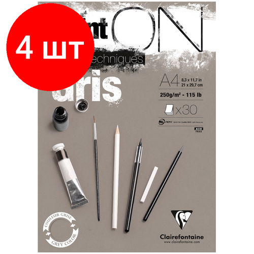 Комплект 4 шт, Скетчбук - альбом для смешанных техник 30л, А4, на склейке Clairefontaine Paint'ON Grey, серый, 250г/м2