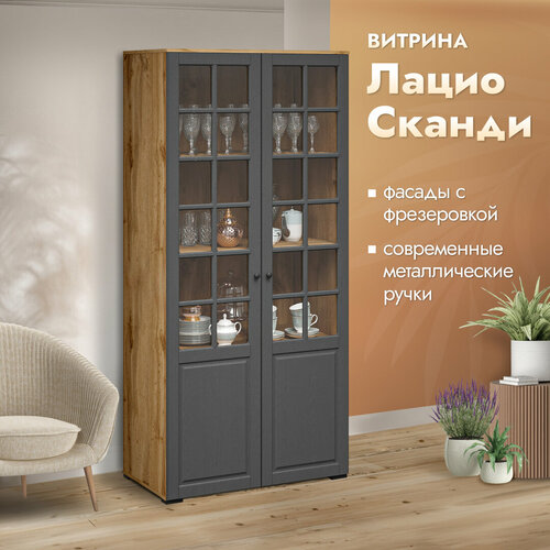 Шкаф-витрина Лацио двухдверный с полками 96х53х204см Сканди темно-серыйграфит коричневый 27999₽