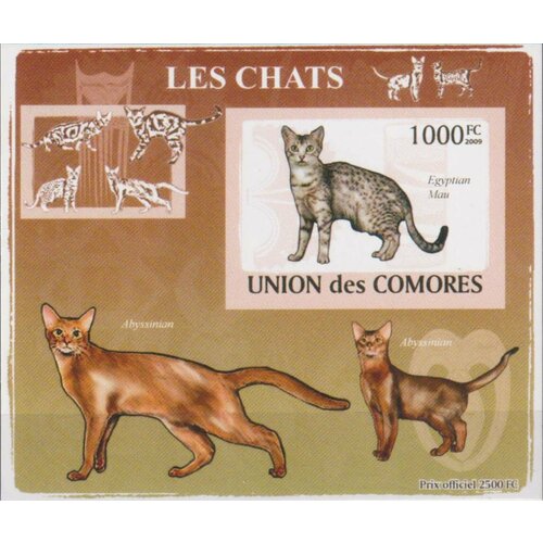 Почтовые марки Коморы 2009г. Породы кошек - Египетская мау люкс блок Кошки MNH коморы 1988г персоналии автомобили блок