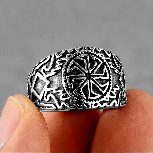 фото Славянский оберег, печатка кольцо печатка с гравировкой руны, славянские символы, норвеги, вегвизир, славянский оберег, размер 20, черный, серебряный reniva