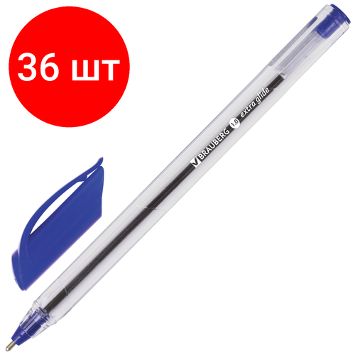 Комплект 36 шт, Ручка шариковая масляная BRAUBERG Extra Glide, синяя, трехгранная, узел 1 мм, линия письма 0.5 мм, 141700