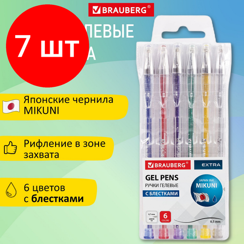 Комплект 7 шт, Ручки гелевые блестки BRAUBERG EXTRA, набор 6 цветов, узел 0.7 мм, линия 0.5 мм, 143908 ручки гелевые пифагор набор 6 цветов блестки корпус прозрачный узел 0 7 мм линия письма 0 5 мм 142796 142796