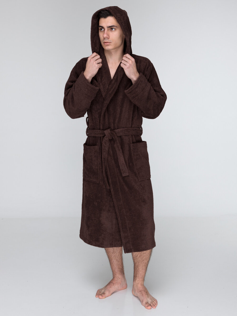 Мужской коричневый махровый халат с капюшоном 52 - фотография № 3