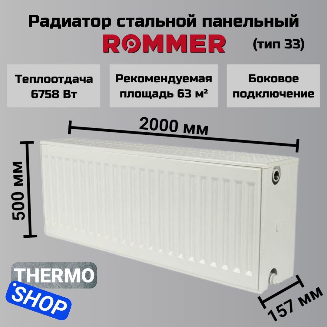 Радиатор стальной панельный ROMMER 500х2000 боковое подключение Compact 33/500/2000 RRS-2010-335200