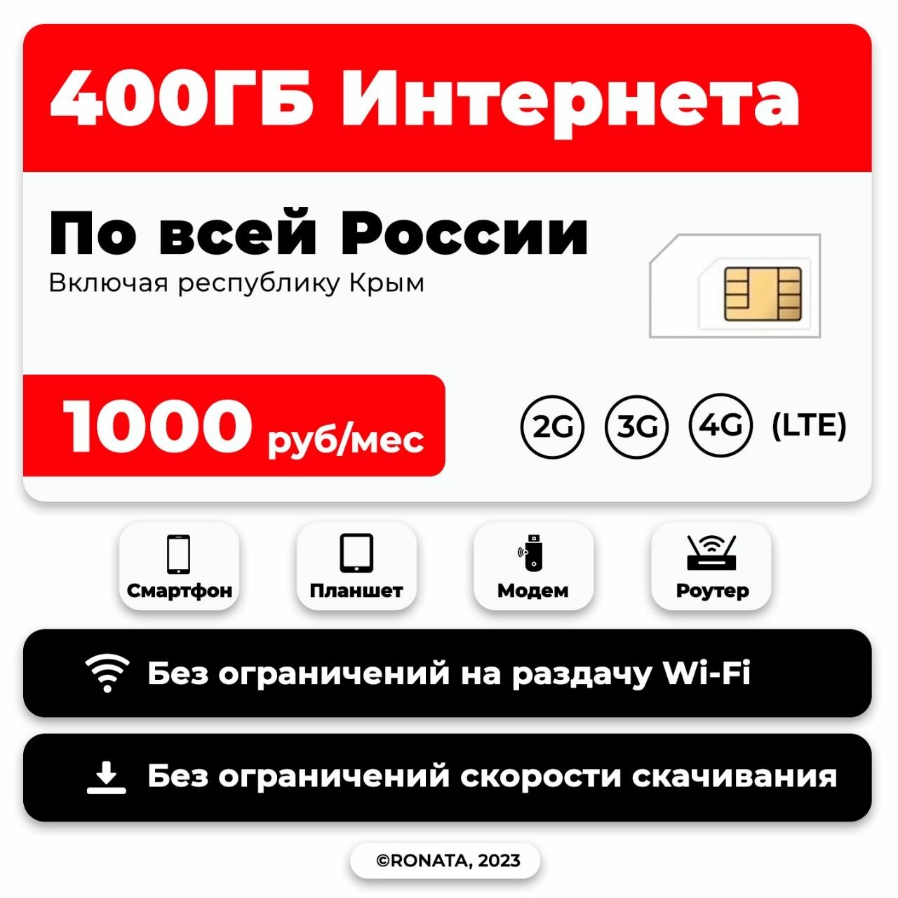 SIM-карты SIM-карта сим 400 ГБ за 1000 pуб/Мес по всей России включая Крым (Вся Россия)