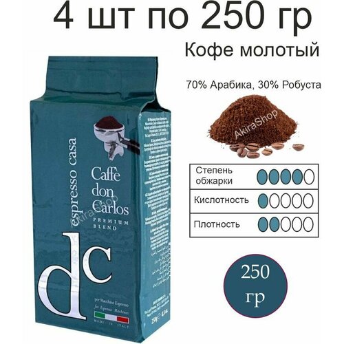 4 шт. Кофе молотый Carraro Don Carlos Espresso Casa, 250гр. (1000 гр) Италия