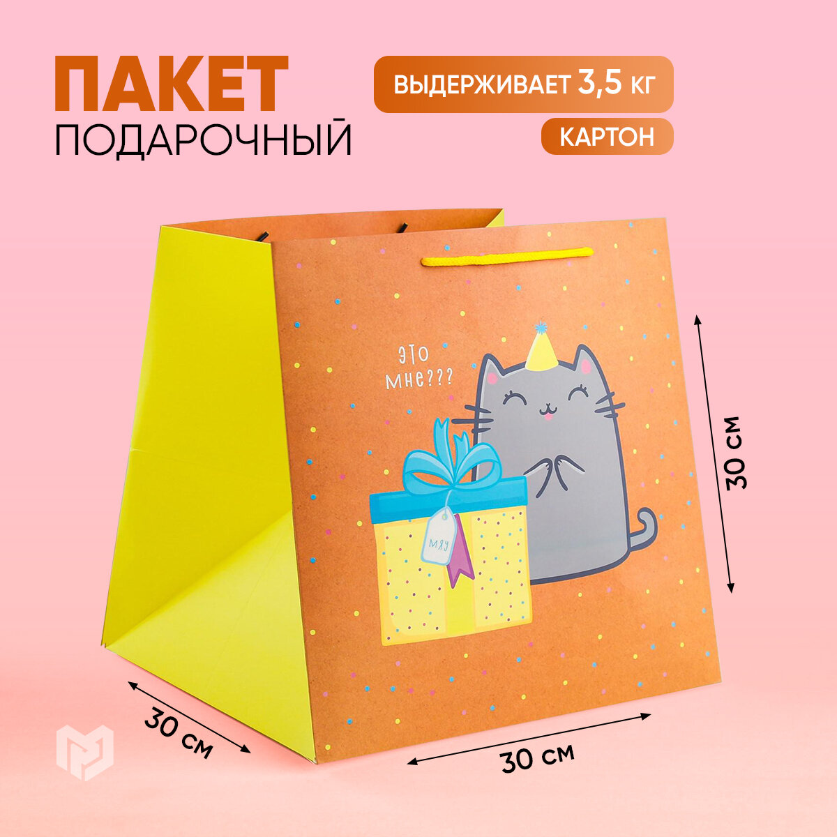 Пакет квадратный «Котик и тортик» 30 × 30 × 30 см / Подарок