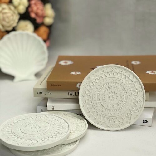 Изображение товара Подставка для кружки ARME из гипса, мандала, белый, диаметр 9см, 1 штука в наборе