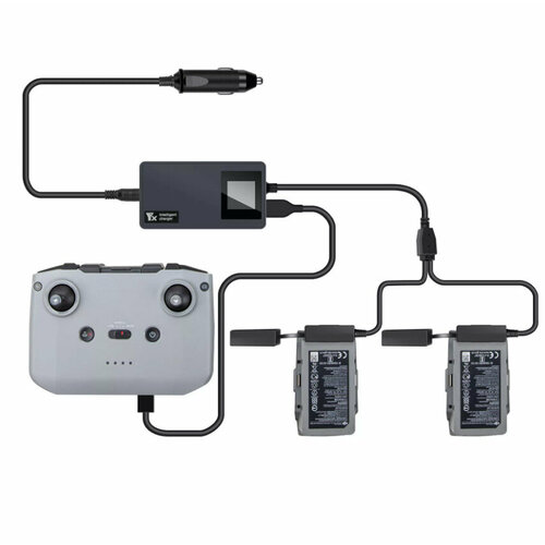 Автомобильное зарядное устройство 3-в-1 USB с дисплеем для аккумуляторов квадрокоптера DJI Mavic Air 2, Air 2S комплект gcr автомобильное зарядное устройство на 2 порта кабель lightning 1 метр зарядка в прикуриватель