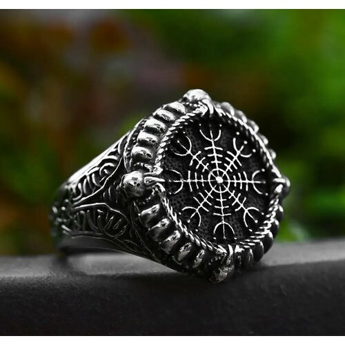 фото Славянский оберег, печатка кольцо печатка с гравировкой руны, славянские символы, норвеги, вегвизир, славянский оберег, размер 19, бесцветный, серый reniva