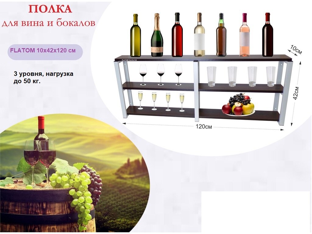 Полка для вина бокалов  вещей. FLATOM 10x42x120 см 3 уровня полка венге