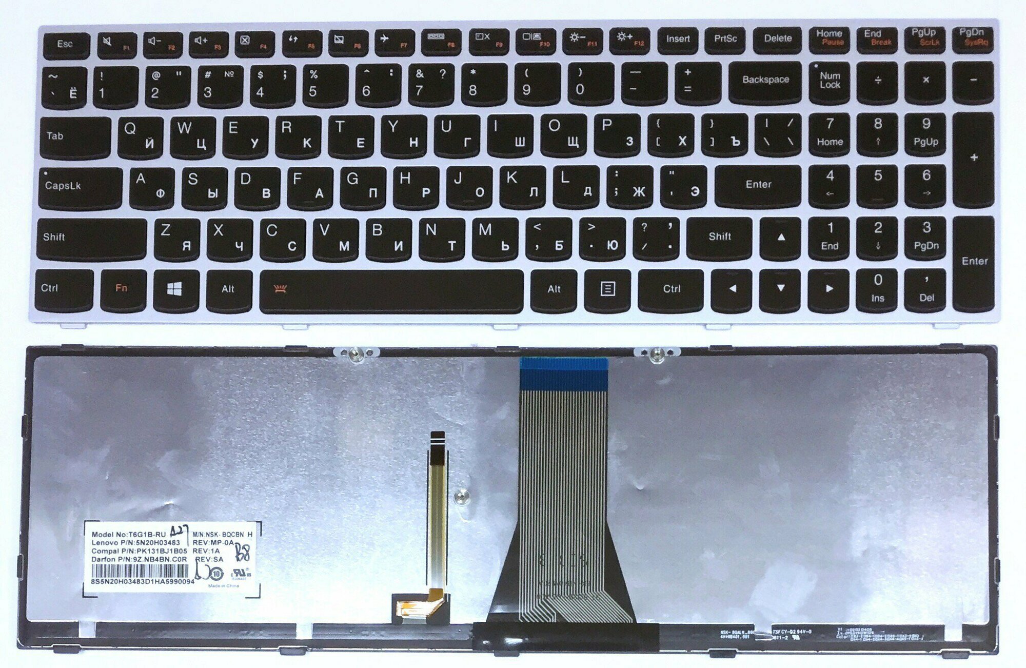 Клавиатура для ноутбука Lenovo IdeaPad G50-30, G50-45, G50-70, B50-30 черная, рамка серебряная, с подсветкой