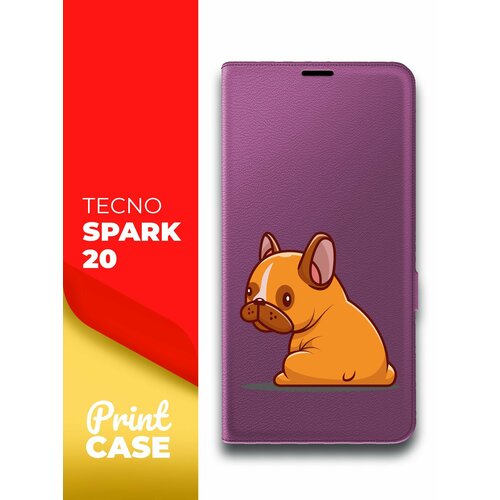 Чехол на Tecno Spark 20 (Техно Спарк 20) фиолетовый книжка эко-кожа подставка отделением для карт и магнитами Book Case, Miuko (принт) Бульдог чехол на tecno spark 20 техно спарк 20 черный книжка эко кожа подставка отделением для карт и магнитами book case miuko принт мишка смартфон