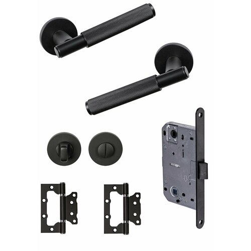 Ручки дверные на розетке межкомнатные Денали Кайлос Черный (2шт) + замок сантехнический + завертка круглая + петли накладные (2шт)