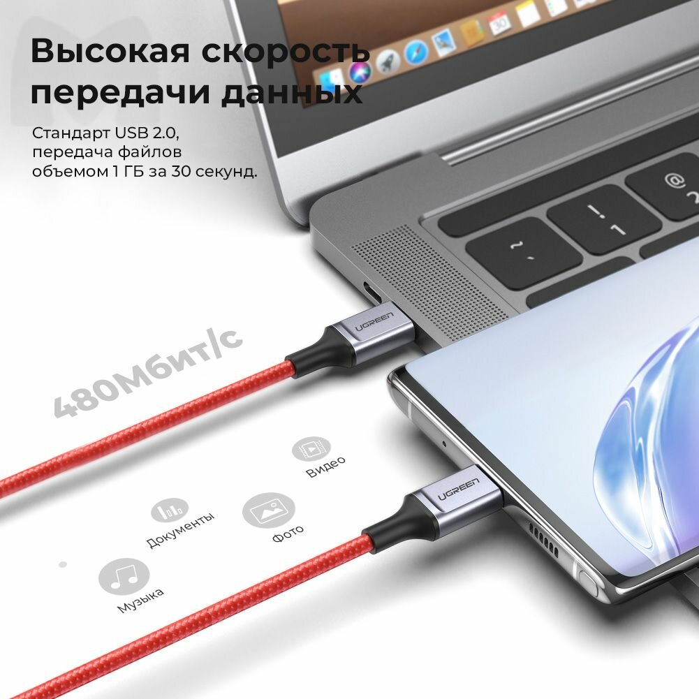 Кабель для быстрой зарядки и передачи данных UGREEN US294 / USB-C на USB-C / Быстрая зарядка PD 60Вт / Длина 1м / цвет красный (60186) — фото 1