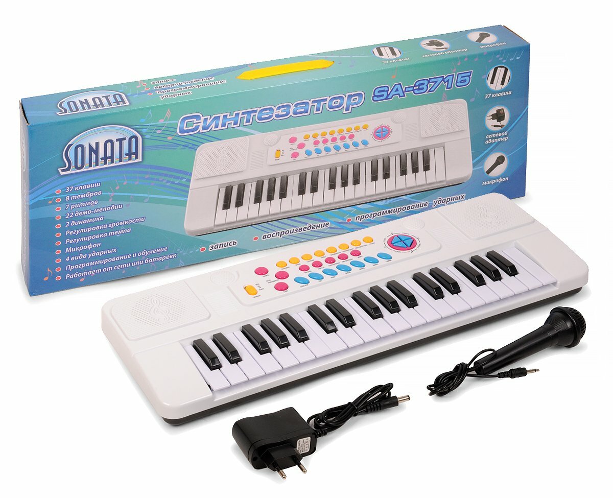 Синтезатор детский "Соната" 37 клавиш с микрофоном работает от сети и батареек