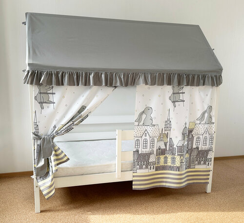 Текстиль на кровать домик 80х160 см (серый купон-зайцы) ТД-34