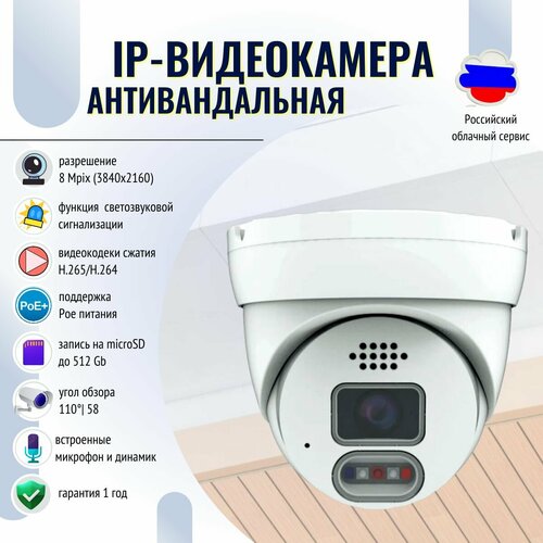 Антивандальная купольная IP-видеокамера 8Mpix 28mmвстроенный микрофон и динамикмодуль PoEс функцией deterrence 1385000₽