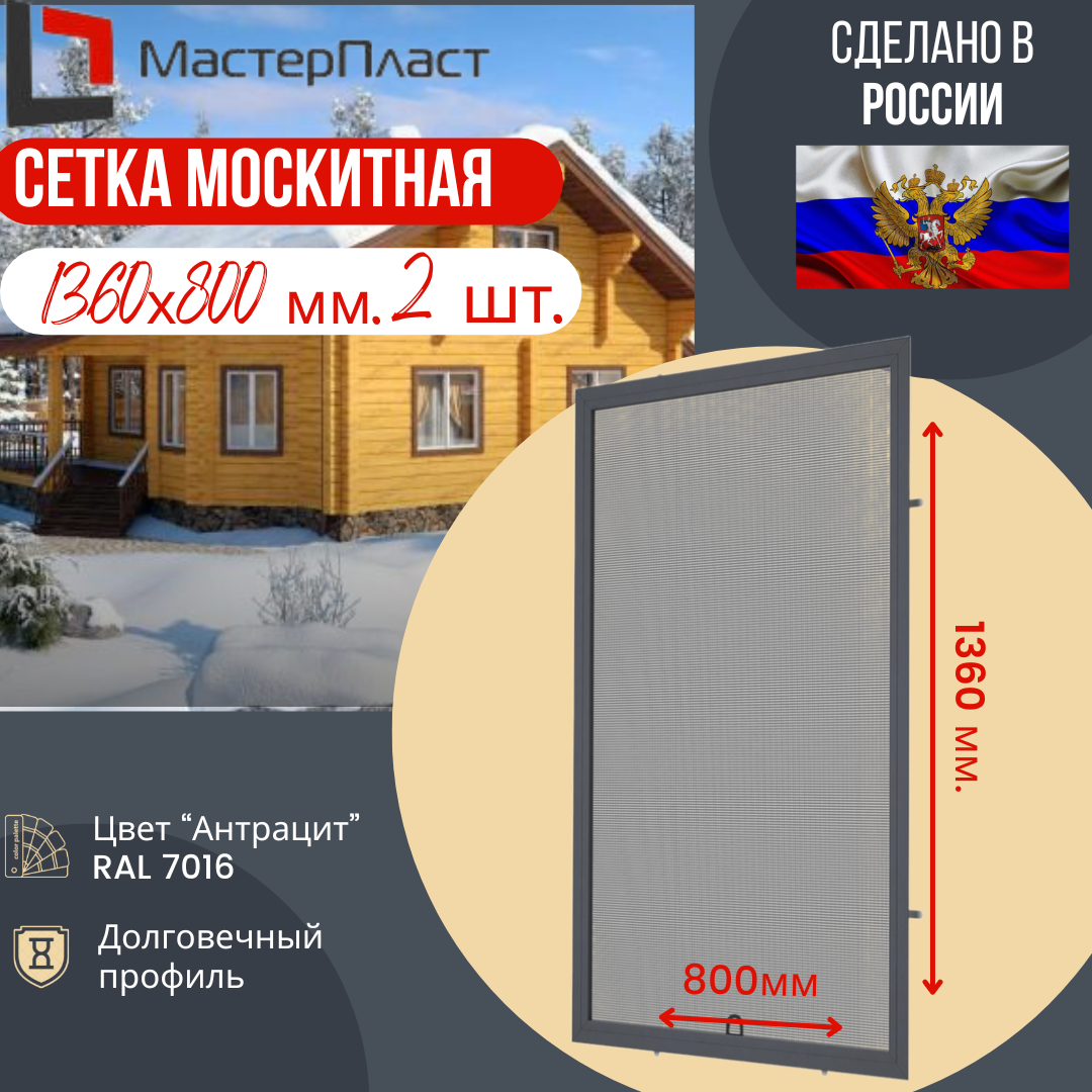 Сетка москитная для окна размером до 1380 х 800 мм цвет антрацит RAL 7016 2шт. / Москитная сетка для самостоятельной сборки 2шт.