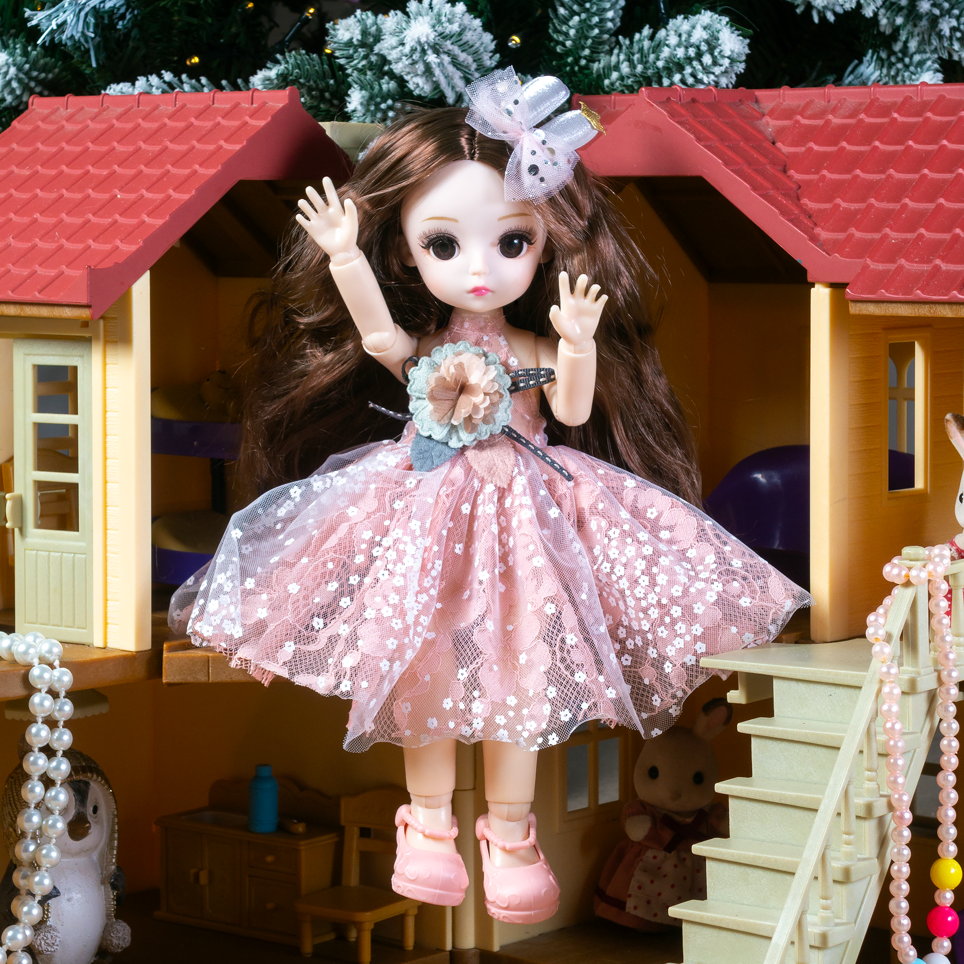 Кукла 31 см / 13 шарниров, в розовом платье с темными волосами, коллекционная реалистичная шарнирная BJD куколка со съемной одеждой
