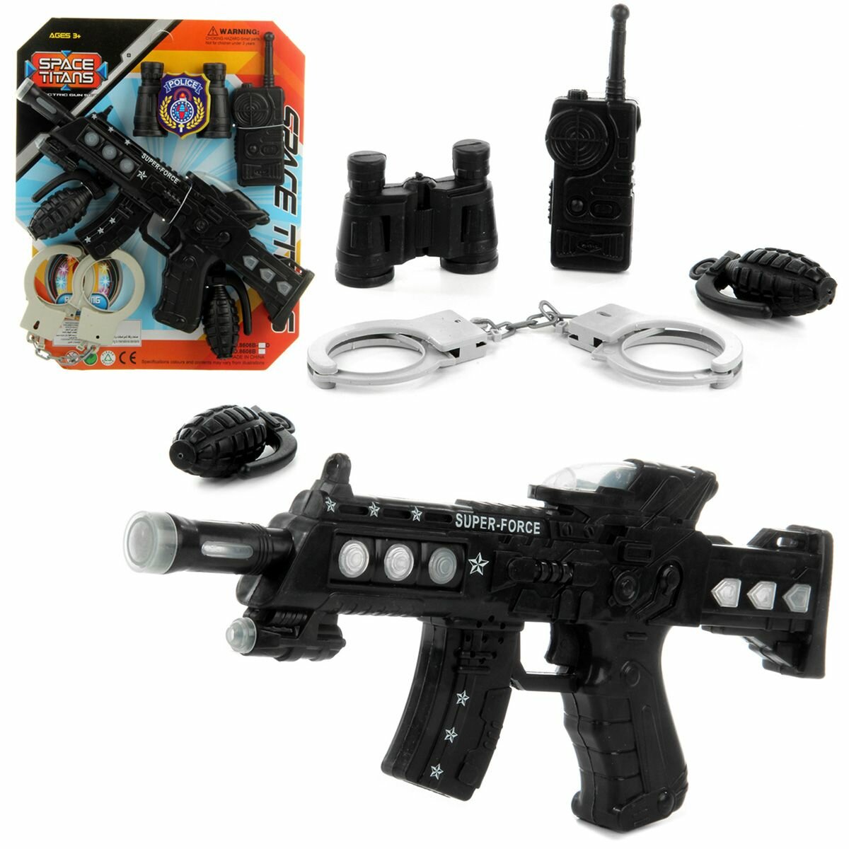 Игровой набор оружия, автомат на батарейках со светом и звуком, наручники, граната, бинокль, рация, Veld Co