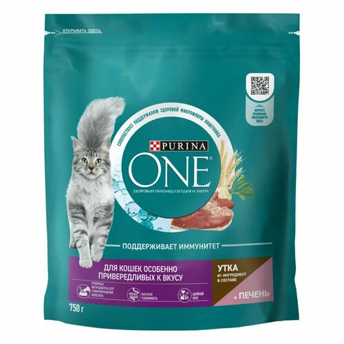 Purina ONE Корм сухой для взрослых кошек с чувствительным пищеварением и разборчивым вкусом в еде, с высоким содержанием утки и печени, 750 г бад пробиотик пребиотик bificin balans баланс микрофлоры кишечника 10 капсул