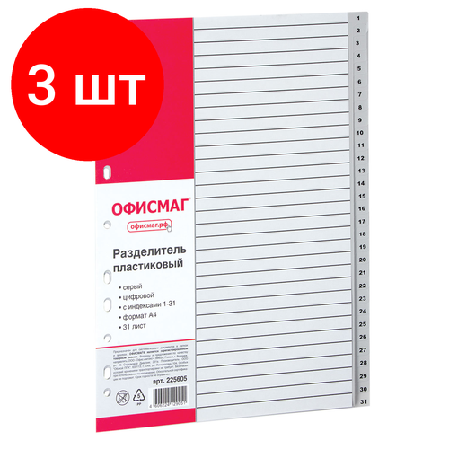 Комплект 3 шт, Разделитель пластиковый офисмаг, А4, 31 лист, цифровой 1-31, оглавление, серый, 225605