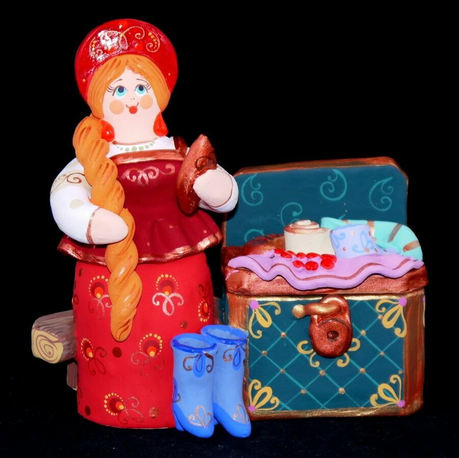 Шкатулка - Барыня с сундучком, Ковровская глиняная игрушка, ручная авторская работа