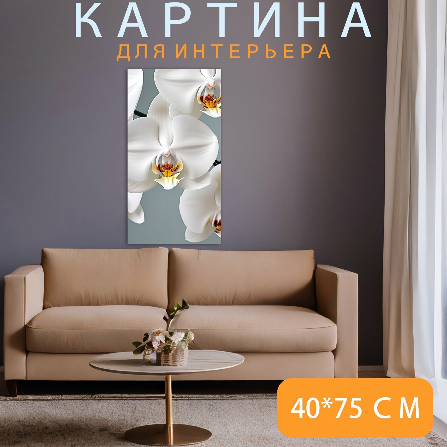Картина на холсте любителям природы "Цветы, орхидеи, белые" на подрамнике 40х75 см. для интерьера