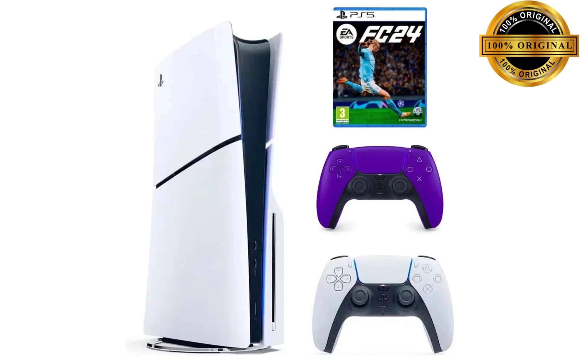 Игровая приставка Sony PlayStation 5 Slim, с дисководом, 1 ТБ, два геймпада (белый и фиолетовый), Fifa 24