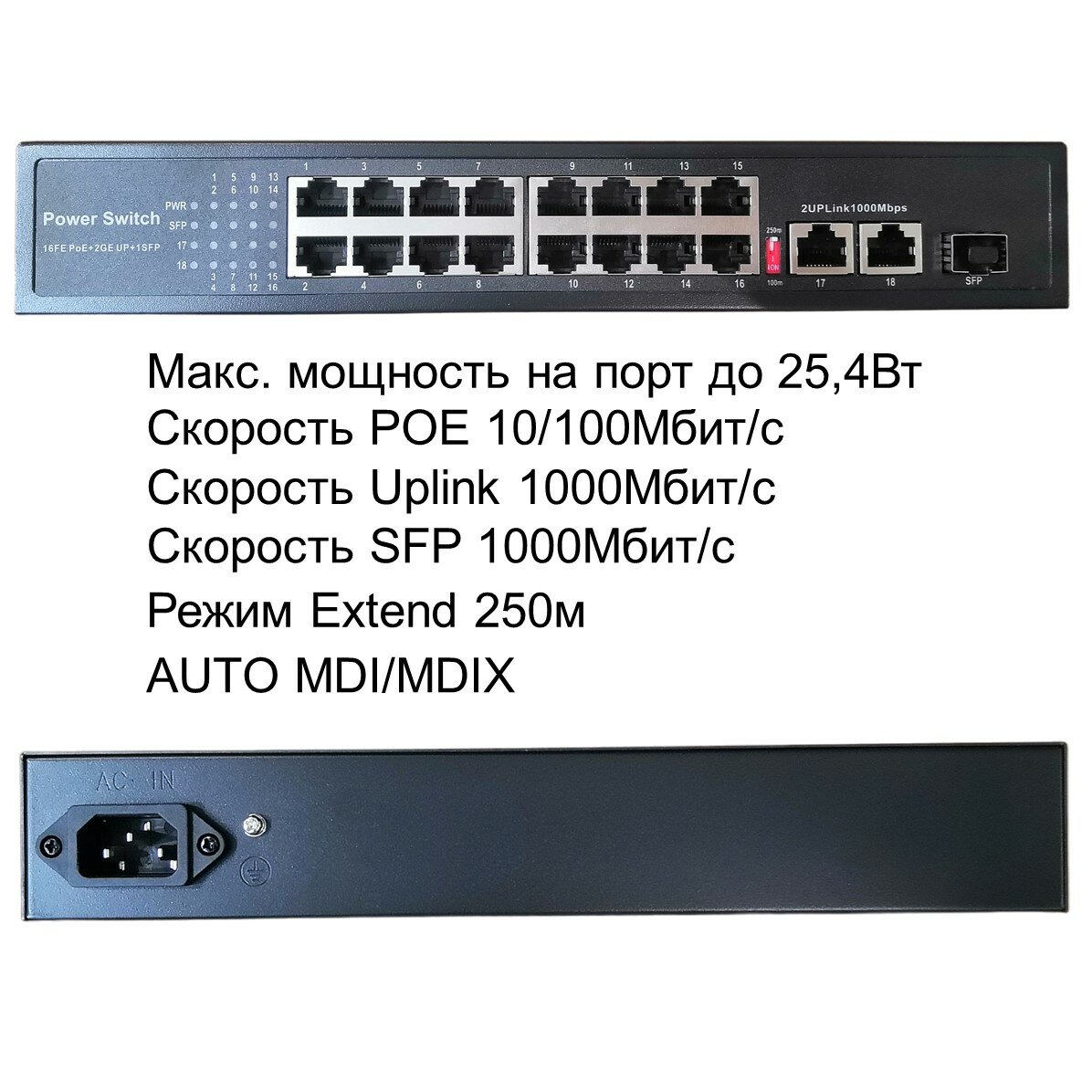 POE свитч с 16POE 100Мбит/с+2Uplink 1Гбит/с+SFP 1Гбит/с портов, бюджет 200 Ватт, 250 метров