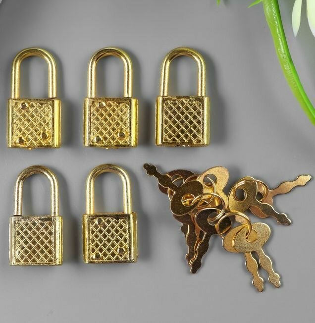 Замочек с ключиком для шкатулки (набор 5 шт) 3,1х1,7 см золотого цвета металлический - фурнитура для шкатулок