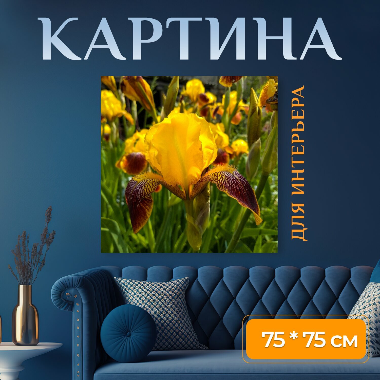 Картина на холсте "Ирисы, желтые ирисы, цветы" на подрамнике 75х75 см. для интерьера