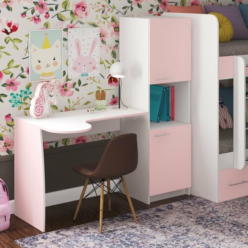 Письменный стол со стеллажом с пеналом в кабинет в детскую Есэндвич Лаворо 145x675х150 см правый БелыйРозовый кварц 12990₽