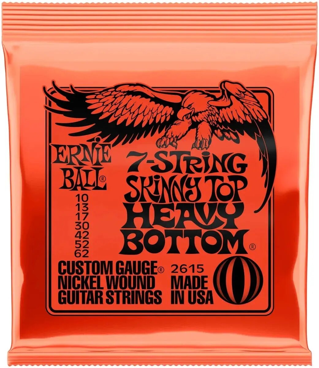 Струны для 7-струнной электрогитары Ernie Ball 2615 Slinky Skinny Top Heavy Bottom 10-62, Ernie Ball (Эрни Бол)