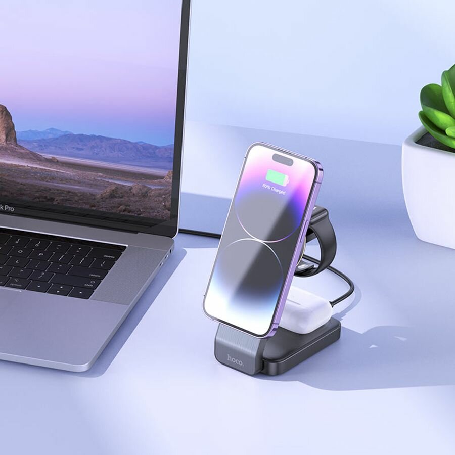 Беспроводное зарядное утройство Hoco CQ3 3-в-1 MagSafe для iPhone, AirPods и iWatch черное — фото 1