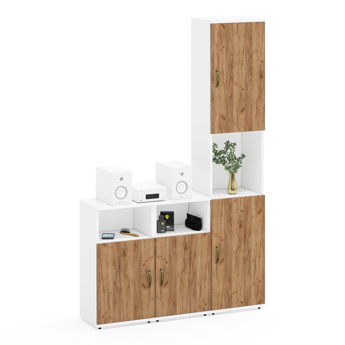 фото Пенал и две тумбы Мебельный двор Лидер-8 для домашнего офиса белый шагрень/крафт золото