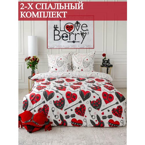 Постельное белье 2 спальное LOVEBERRY из перкаля, простыня 200х215